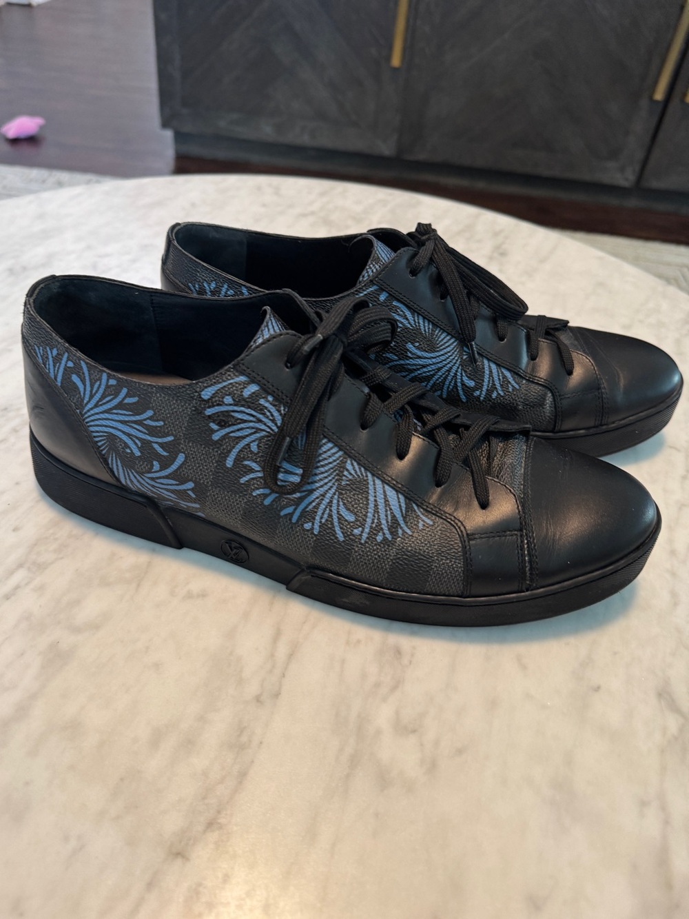 Louis Vuitton Black Leather Sneakers with Light Blue Floral Print